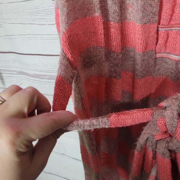 Y2K Preppy Pink Brown Striped Knitted Belted Medium Length Sweater Cardigan Lg - Picture 5 of 7